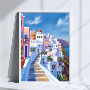 Santorini Greece Painting Watercolor Travel Poster