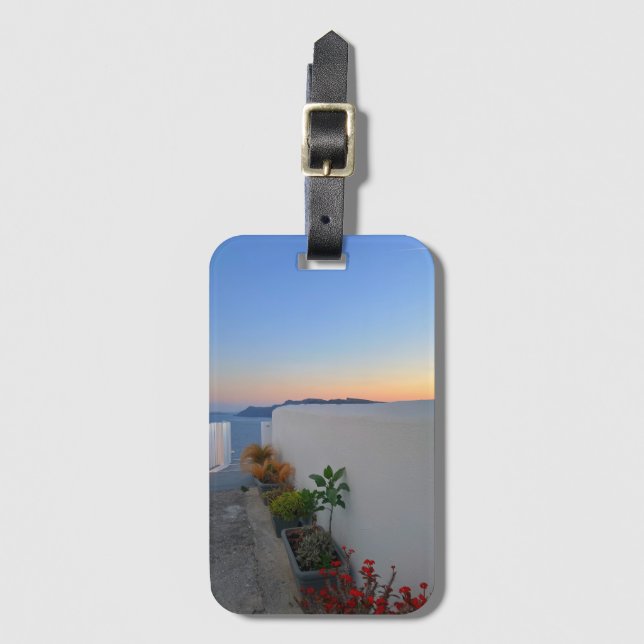 Santorini Greece Street Plants Sunset  Luggage Tag (Front Vertical)