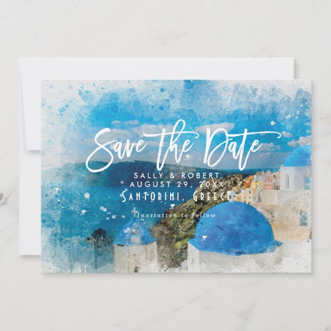 Santorini greece summer wedding save the date card (Front)