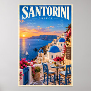 Santorini Greece Sunset Blue Dome Travel Poster Wa