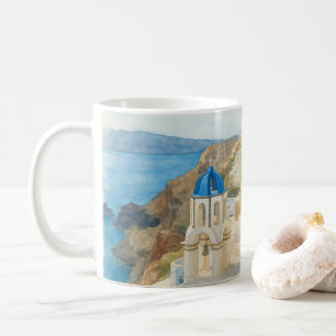 Santorini Greece Watercolor Blue Dome Church Art Coffee Mug