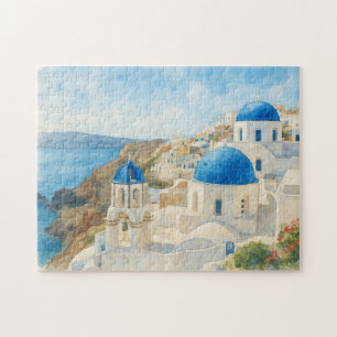 Santorini Greece Watercolor Blue Dome Church Art Jigsaw Puzzle