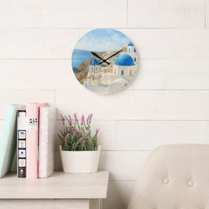 Santorini Greece Watercolor Blue Dome Church Art Large Clock