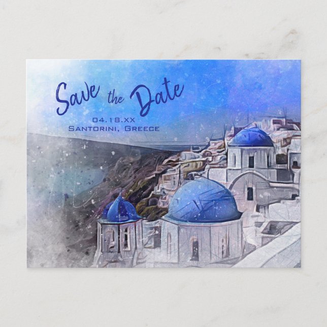 Santorini Greece Watercolor Blue White Wedding Announcement Postcard (Front)