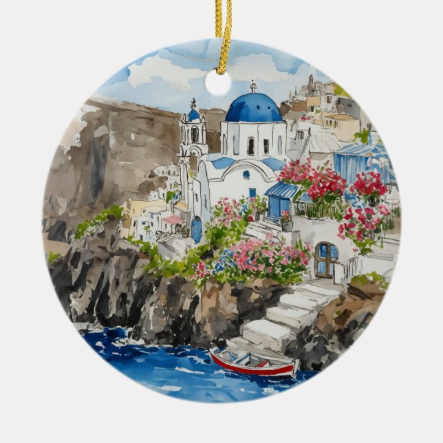 Santorini Greece Watercolor Ceramic Ornament (Front)