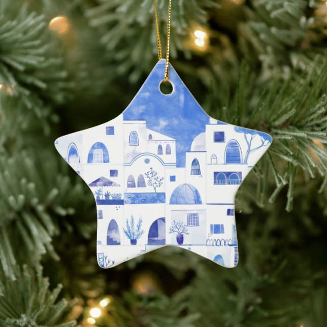 Santorini Greece Watercolor Ceramic Ornament (Tree)