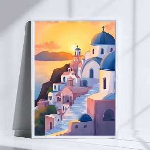 Santorini, Greece   Watercolor Coastline Sunset Poster