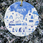 Santorini Greece Watercolor Date Mediterranean Ceramic Ornament<br><div class="desc">A watercolor townscape painting in blue and white of Oia on the beautiful Greek island of Santorini.  Change the date,  or leave blank to remove it if you prefer.  Original art by Nic Squirrell.</div>