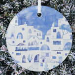 Santorini Greece Watercolor Glass Ornament<br><div class="desc">A blue and white watercolor townscape painting of the beautiful Greek island of Santorini.  Original art by Nic Squirrell.</div>