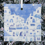 Santorini Greece Watercolor Glass Ornament<br><div class="desc">A blue and white watercolor townscape painting of the beautiful Greek island of Santorini.  Original art by Nic Squirrell.</div>