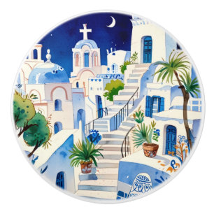 Santorini, Greece Watercolor - Greek Island Art Ceramic Knob