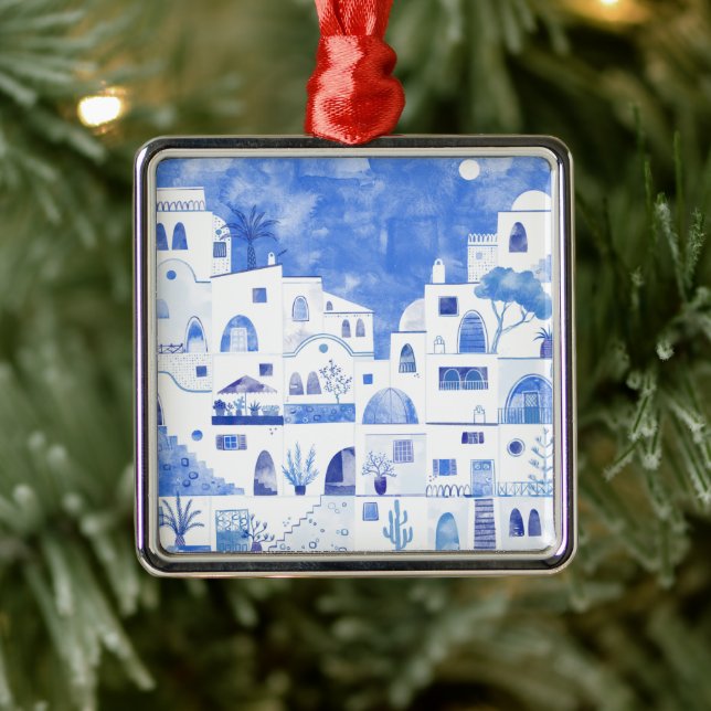 Santorini Greece Watercolor Metal Ornament (Tree)