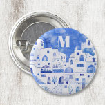 Santorini Greece Watercolor Monogram 1 Inch Round Button<br><div class="desc">A watercolor townscape painting of the beautiful Greek island of Santorini.  Original art by Nic Squirrell.  Change the monogram initial to personalize.</div>