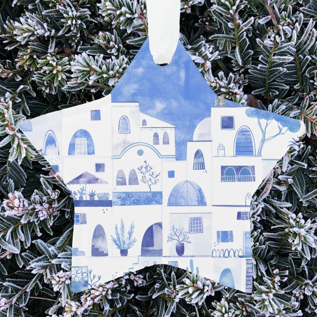 Santorini Greece Watercolor Ornament (Watercolor Oia Santorini Greek Island holiday ornament)