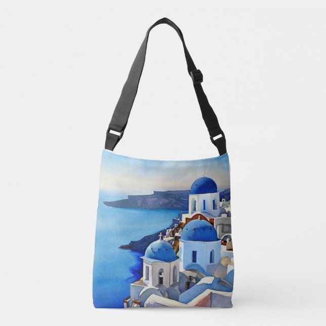 Santorini Greece Watercolor Painting Crossbody Bag (Front)