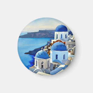 Santorini Greece Watercolor Painting Magnet