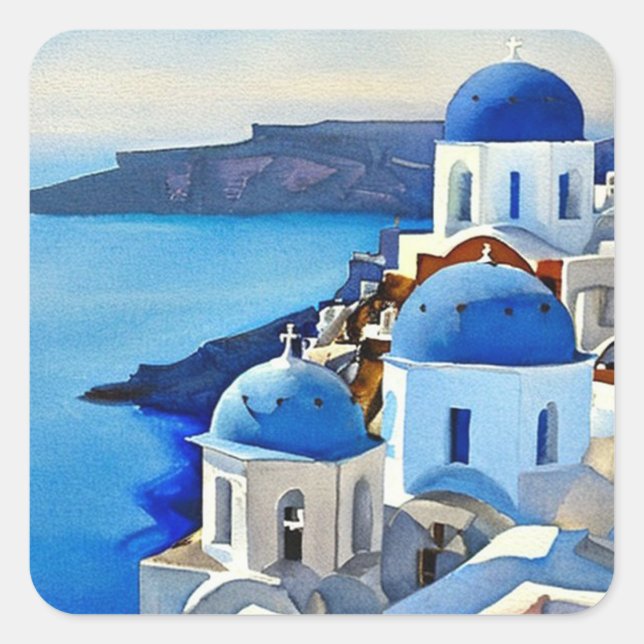Santorini Greece Watercolor Painting Square Sticker (Front)