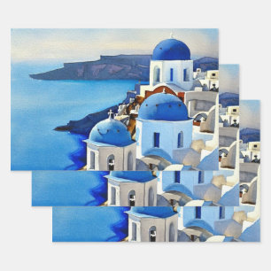 Santorini Greece Watercolor Painting Wrapping Paper Sheet