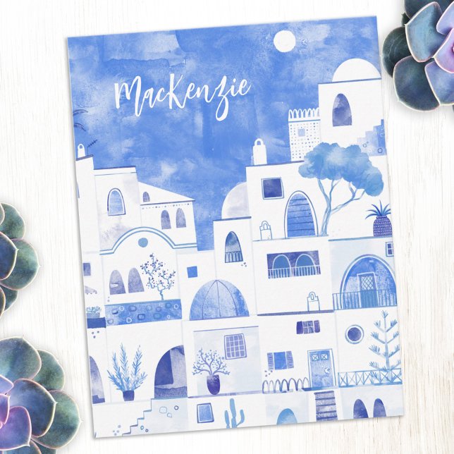 Santorini Greece Watercolor Personalized Card (Santorini Greece Greek island blue and white watercolor art personalized custom name note cards)
