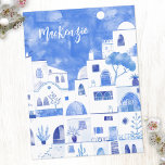 Santorini Greece Watercolor Personalized Postcard<br><div class="desc">A modern watercolor painting of the Greek island of Santorini.  Original art by Nic Squirrell. Change the name to personalize.</div>