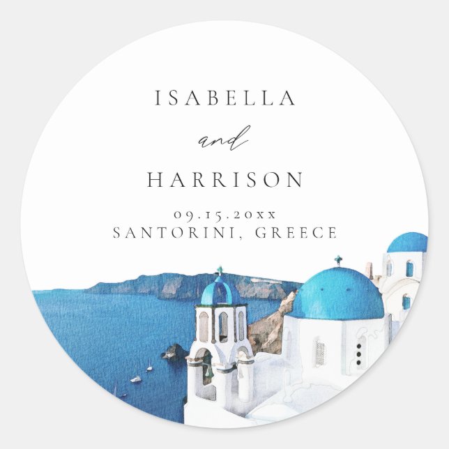 SANTORINI GREECE Watercolor Skyline Destination Classic Round Sticker (Front)