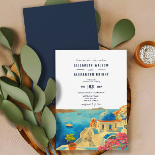 Santorini Greece Watercolor Skyline Wedding Invitation