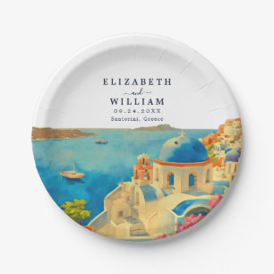 Santorini Greece Watercolor Skyline Wedding Paper Plate