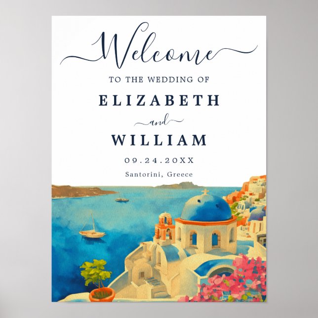 Santorini Greece Watercolor Skyline Wedding Poster (Front)