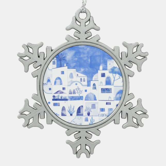 Santorini Greece Watercolor Snowflake Pewter Christmas Ornament (Front)