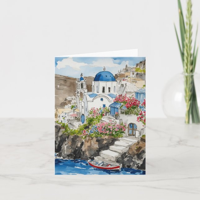 Santorini Greece Watercolor Stationery Card (Front)
