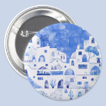 Santorini Greece Watercolor Townscape 3 Inch Round Button<br><div class="desc">A watercolor townscape painting of the beautiful Greek island of Santorini in blue and white.</div>