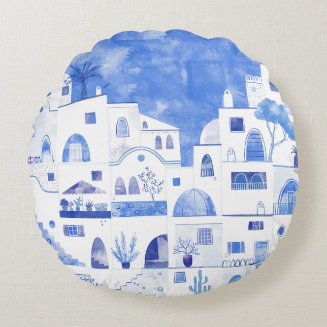 Santorini Greece Watercolor Townscape Round Pillow (Front)