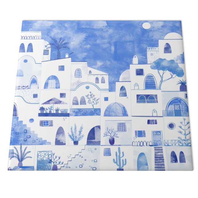 Santorini Greece Watercolor Townscape Tile (Santorini blue and white watercolor painting on a ceramic tile)