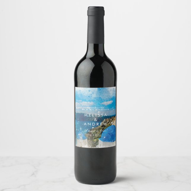 Santorini Greece watercolour wedding wine bottle Label (Front)