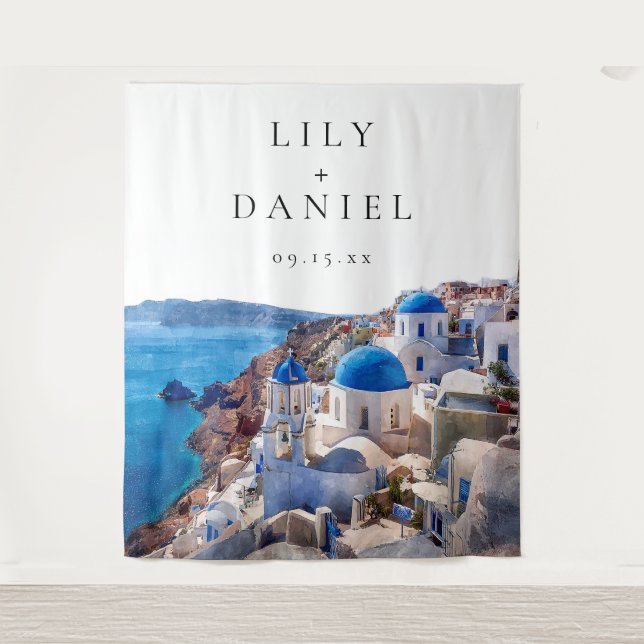 Santorini Greece Wedding Photo Backdrop Tapestry (Front)