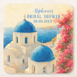 Santorini Greek Citrus Mediterranean Bridal shower Square Paper Coaster