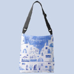 Santorini Greek Island Personalized Watercolor Crossbody Bag<br><div class="desc">Watercolor blue and white townscape painting based on the Greek island of Santorini.  Original art by Nic Squirrell. Change the name to personalize.</div>