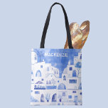 Santorini Greek Island Personalized Watercolor Tote Bag<br><div class="desc">Watercolor blue and white townscape painting based on the Greek island of Santorini.  Original art by Nic Squirrell. Change the name to personalize.</div>