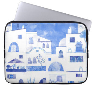 Santorini Greek Island Watercolor Painting Laptop Sleeve