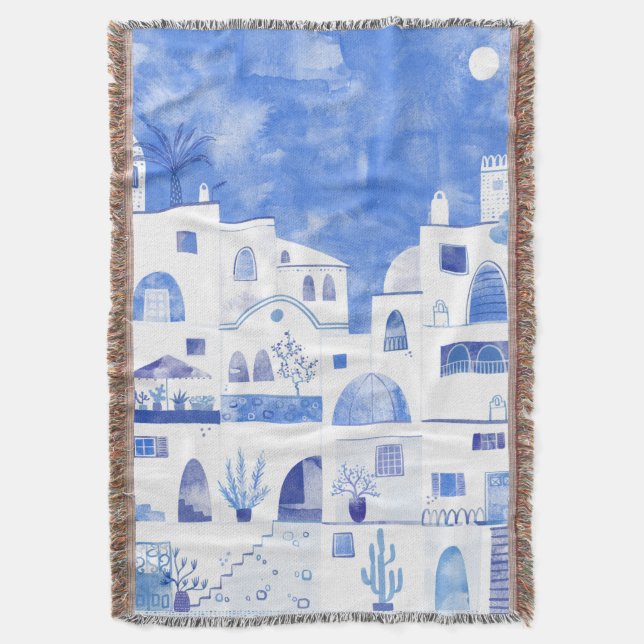 Santorini Greek Island Watercolor Throw Blanket (Front Vertical)