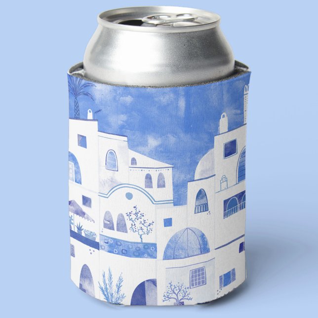Santorini Greek Island Watercolor Townscape Can Cooler (Blue and white watercolor Santorini painting can cooler)