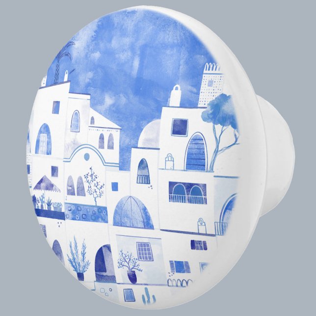 Santorini Greek Island Watercolor Townscape Ceramic Knob (Santorini Greece watercolor art blue and white ceramic door knob)