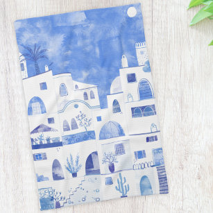 Santorini Greek Island Watercolor Townscape Kitchen Towel