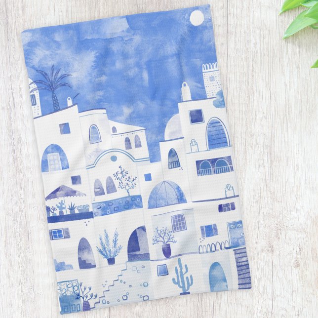 Santorini Greek Island Watercolor Townscape Kitchen Towel (Santorini blue and white watercolor painting on a kitchen towel)