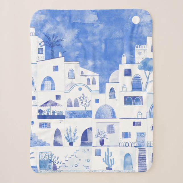 Santorini Greek Island Watercolor Townscape Sherpa Blanket (Front)