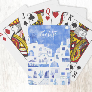 Santorini Greek Watercolor Personalized Playing Cards