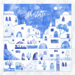 Santorini Greek Watercolor Personalized Poster<br><div class="desc">Watercolor blue and white townscape painting based on Oia on the Greek island of Santorini.  Original art by Nic Squirrell. Change the name to personalize.</div>