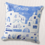 Santorini Greek Watercolor Personalized Throw Pillow<br><div class="desc">Watercolor blue and white townscape painting based on Oia on the Greek island of Santorini.  Original art by Nic Squirrell. Change the name to personalize.</div>