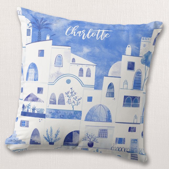 Santorini Greek Watercolor Personalized Throw Pillow (Creator Uploaded)
