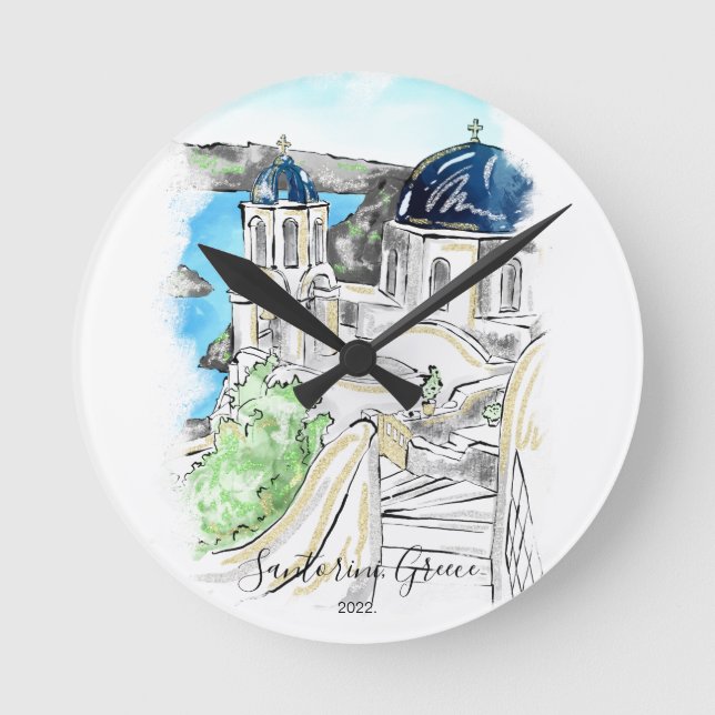 Santorini Island Greece Summer Memories  Postcard  Round Clock (Front)